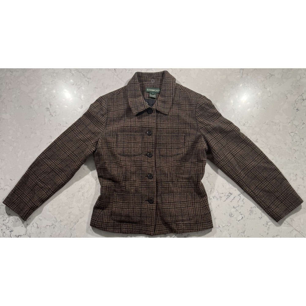 VTG 90s Bushwacker Blazer Jacket Womens 14 Brown Plaid 100% Wool Lined Academic